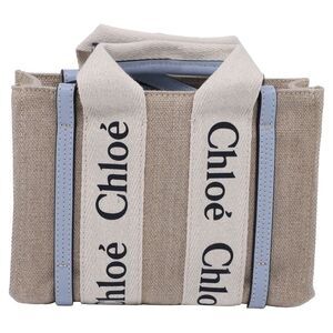 Chloé Mini Woody Tote Bag in Light Blue and Beige Linen Canvas